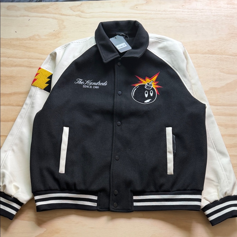 The Hundreds Black & White Varsity Bomber Jacket with Bomb Patch